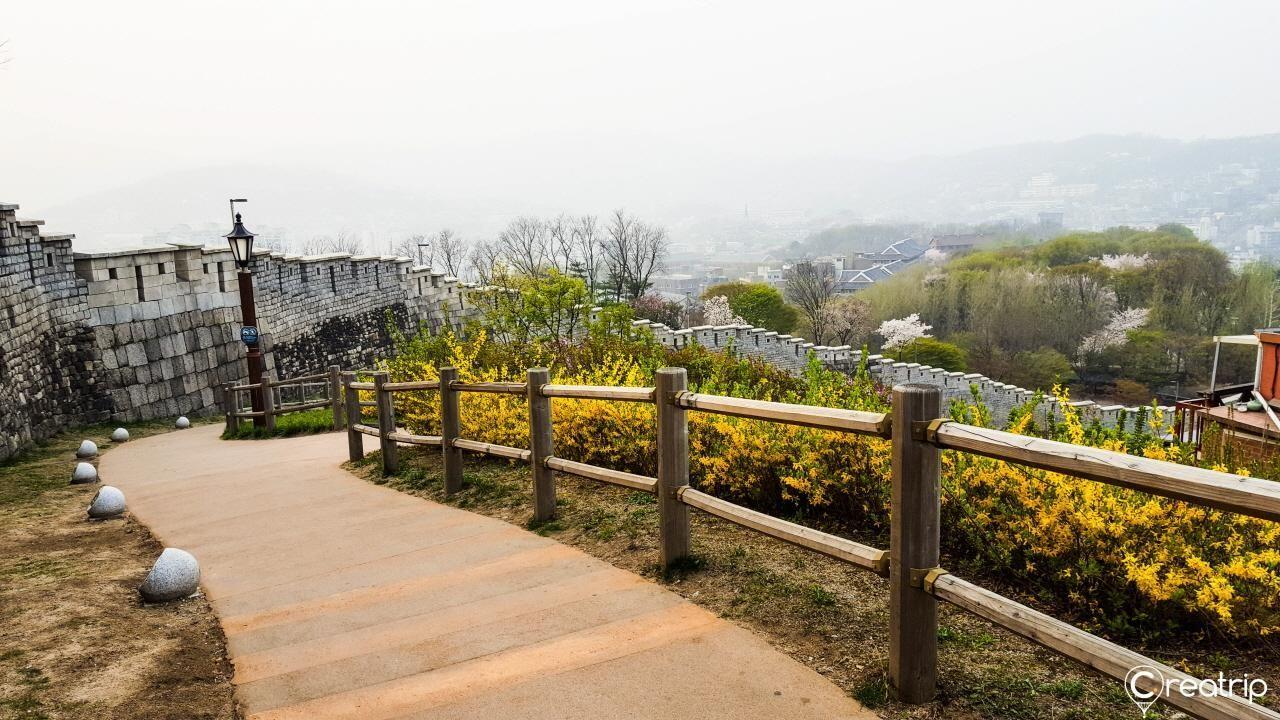 骆山公园，从高处俯视首尔市区景观，夜晚时的照明下。